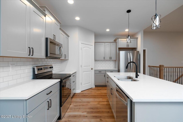 kitchen with backsplash, stainless steel appliances, sink, decorative light fixtures, and a center island with sink