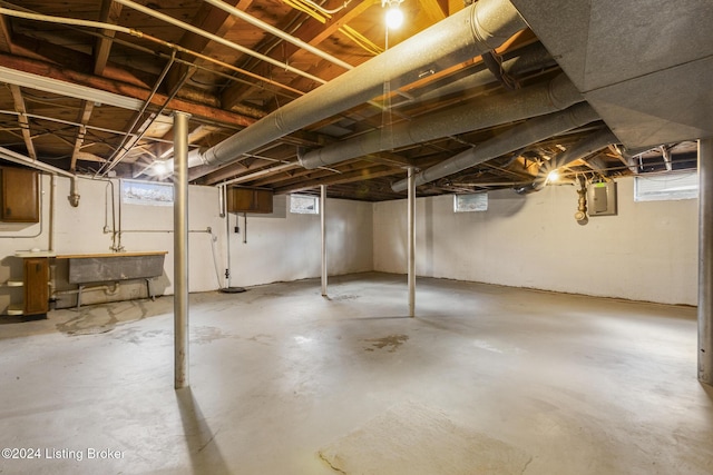 basement with electric panel and sink