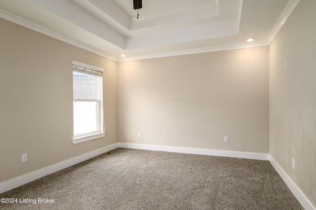 carpeted empty room featuring a raised ceiling, ceiling fan, and ornamental molding