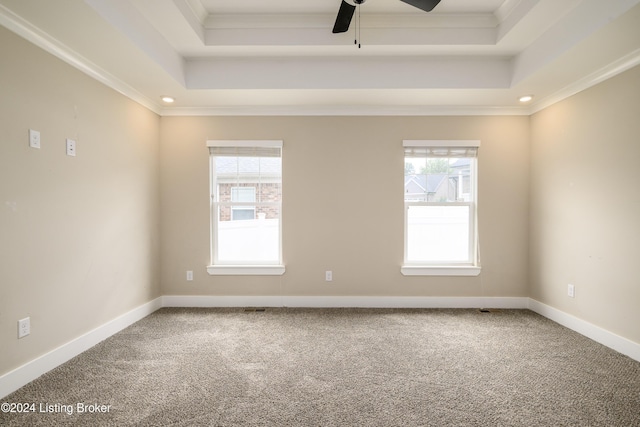 carpeted spare room featuring ceiling fan, a raised ceiling, and crown molding