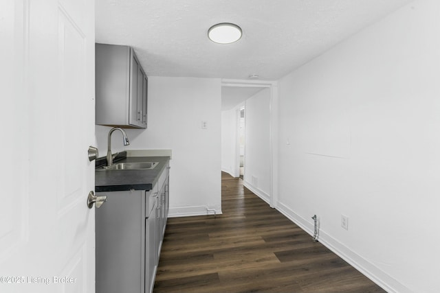 kitchen with dark hardwood / wood-style floors, sink, a textured ceiling, and gray cabinetry