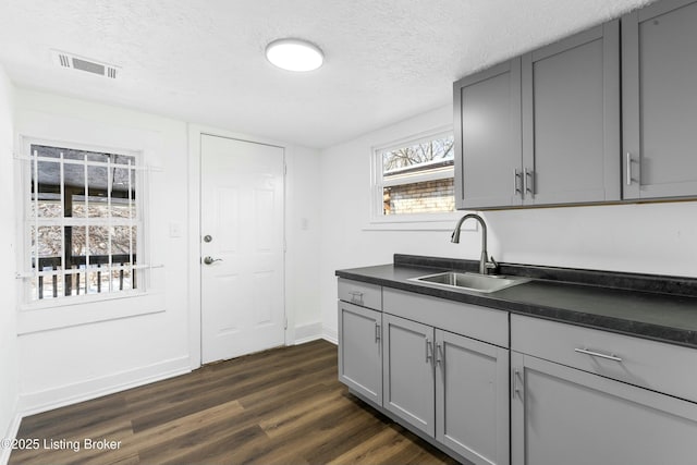 kitchen with a sink, visible vents, dark countertops, and gray cabinets