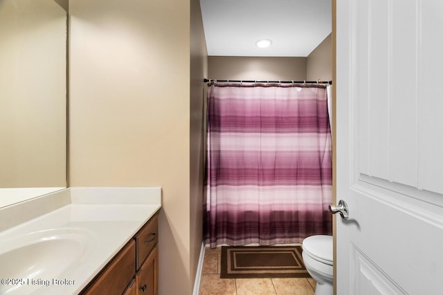 bathroom featuring walk in shower, tile patterned flooring, vanity, and toilet