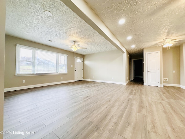 unfurnished living room featuring light hardwood / wood-style flooring and a textured ceiling