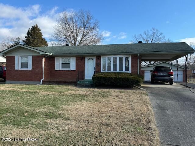 single story home with a front lawn and a carport