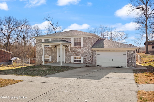 view of front facade with brick siding, a shingled roof, fence, a garage, and driveway