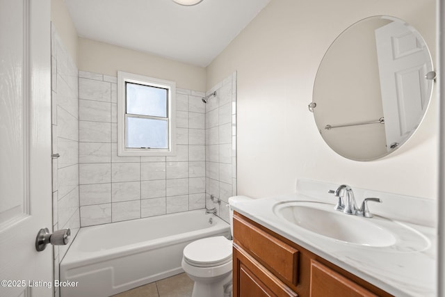 full bathroom featuring shower / bath combination, toilet, vanity, and tile patterned flooring