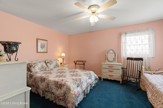 carpeted bedroom featuring ceiling fan