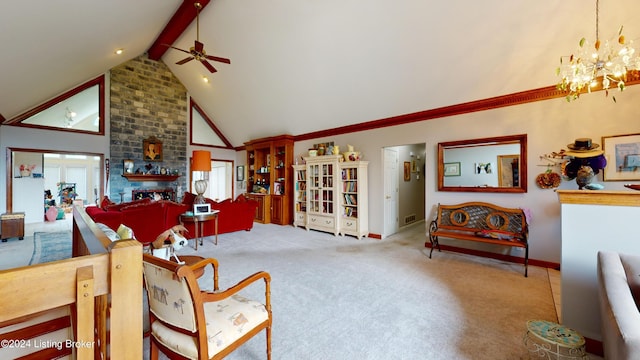 living room with vaulted ceiling with beams, ceiling fan with notable chandelier, and light carpet