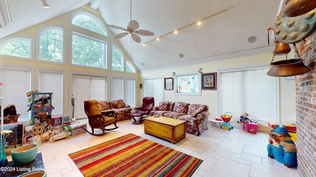 interior space featuring vaulted ceiling and ceiling fan