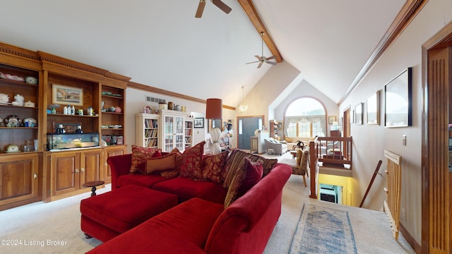 carpeted living room with beam ceiling, ceiling fan, and high vaulted ceiling