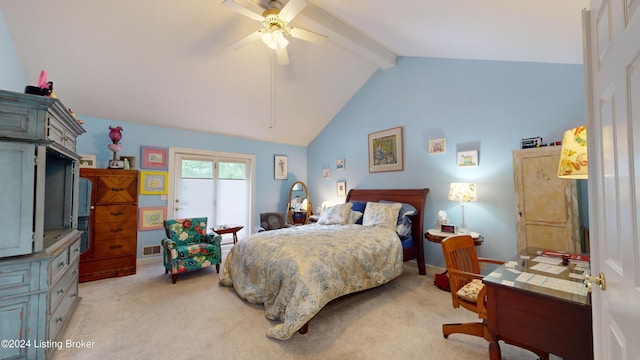 bedroom with vaulted ceiling with beams, light colored carpet, and ceiling fan