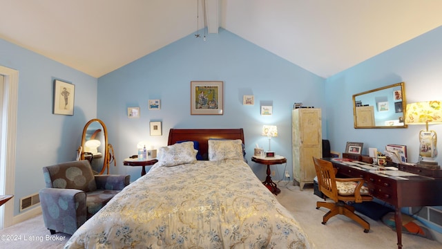 carpeted bedroom featuring vaulted ceiling with beams