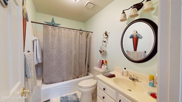 full bathroom featuring tile patterned flooring, shower / bath combo, toilet, and vanity