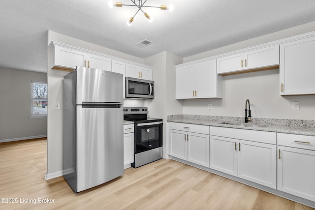 kitchen featuring sink, stainless steel appliances, white cabinets, and light stone counters