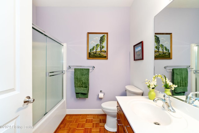 full bathroom featuring shower / bath combination with glass door, vanity, toilet, and parquet floors