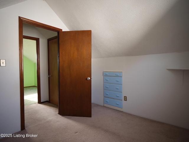 additional living space featuring a textured ceiling, light colored carpet, and vaulted ceiling