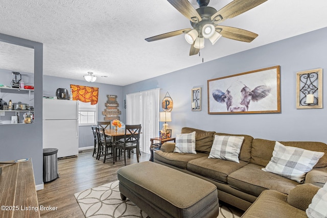 living room featuring wood-type flooring, a textured ceiling, and ceiling fan