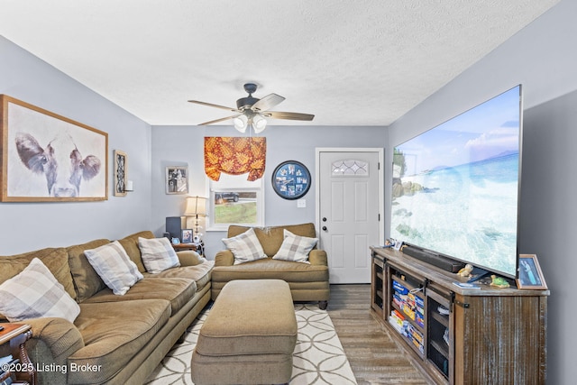 living room featuring ceiling fan, a textured ceiling, and light wood-type flooring