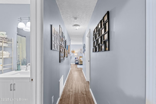 hallway featuring sink, a textured ceiling, and hardwood / wood-style flooring