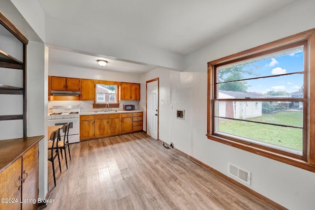 kitchen with light hardwood / wood-style floors, sink, and white gas range oven