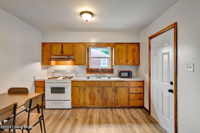 kitchen featuring white gas stove, sink, and light hardwood / wood-style flooring