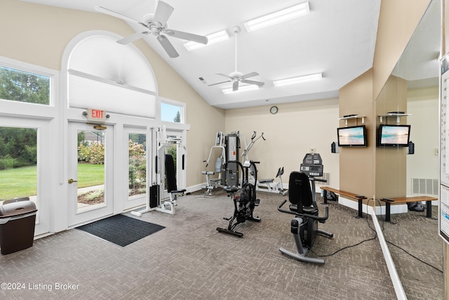 workout area with carpet, ceiling fan, plenty of natural light, and high vaulted ceiling