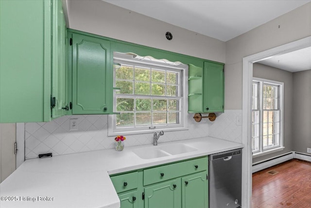 kitchen featuring green cabinets, dishwasher, a healthy amount of sunlight, and sink