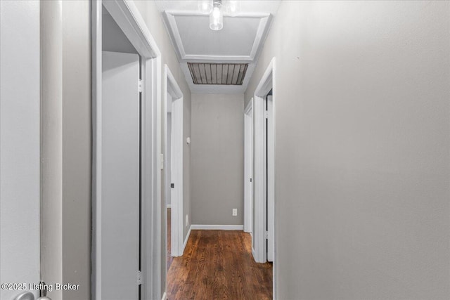 hallway with dark hardwood / wood-style flooring