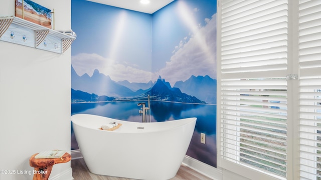 bathroom with hardwood / wood-style flooring and a washtub