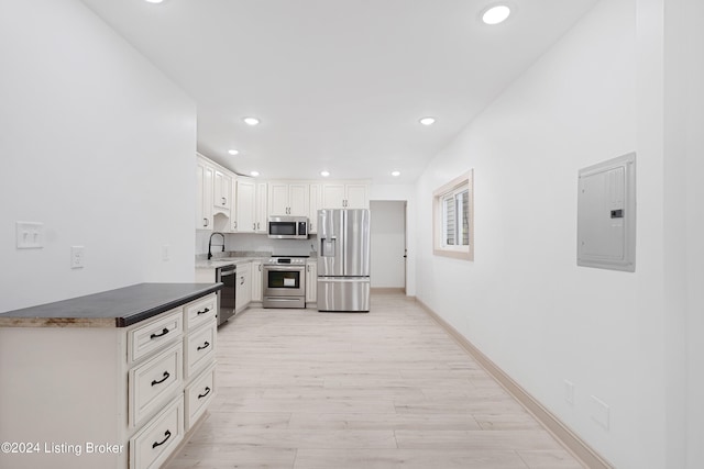 kitchen featuring appliances with stainless steel finishes, electric panel, and white cabinetry