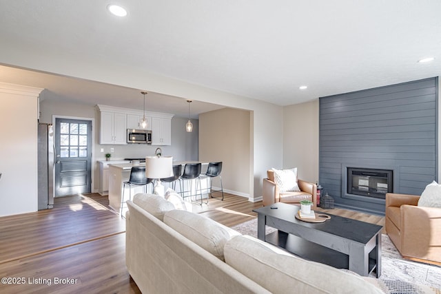 living room featuring a large fireplace and light hardwood / wood-style floors