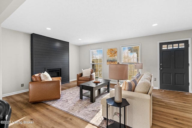 living room featuring hardwood / wood-style floors and a large fireplace