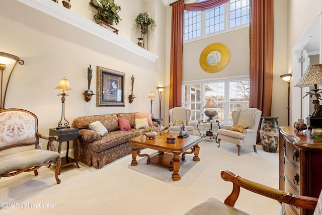 interior space featuring carpet floors and a towering ceiling