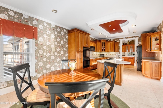 tiled dining room with ornamental molding