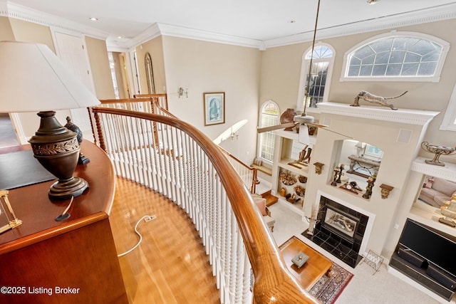 staircase featuring crown molding and ceiling fan