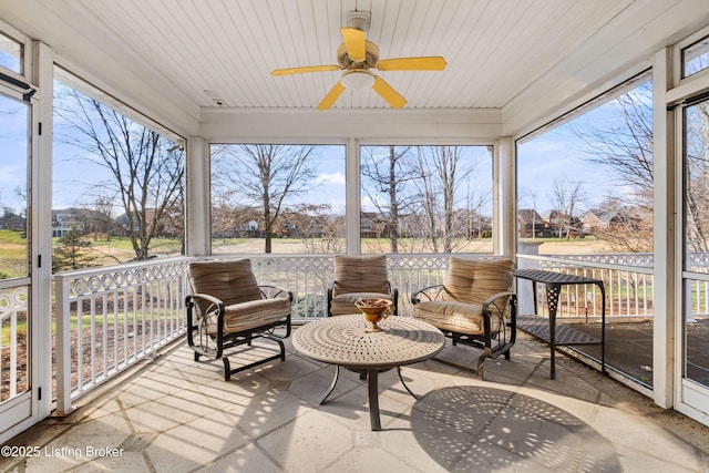 sunroom / solarium featuring ceiling fan and wood ceiling