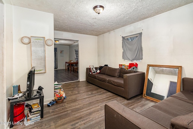 living room with a textured ceiling and hardwood / wood-style floors