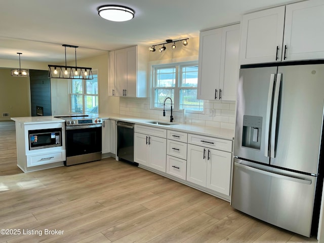 kitchen featuring sink, kitchen peninsula, decorative backsplash, white cabinets, and appliances with stainless steel finishes