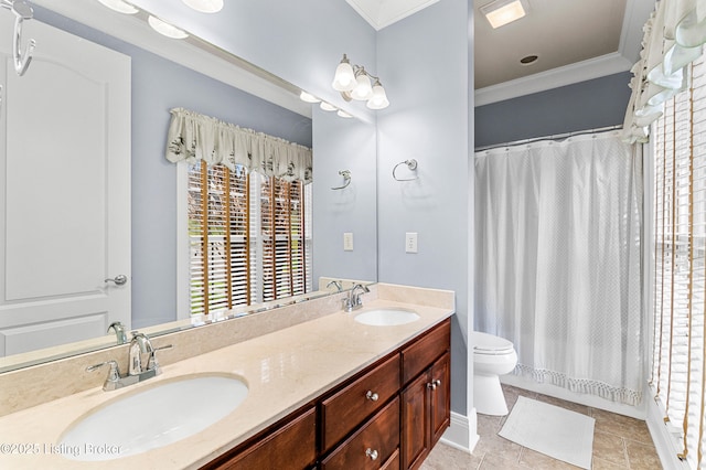 bathroom with a shower with shower curtain, ornamental molding, vanity, tile patterned flooring, and toilet