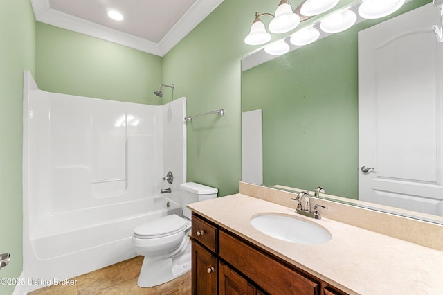 full bathroom with bathing tub / shower combination, tile patterned floors, crown molding, toilet, and vanity