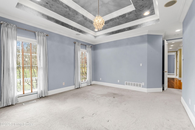 empty room with carpet floors, ornamental molding, and a tray ceiling