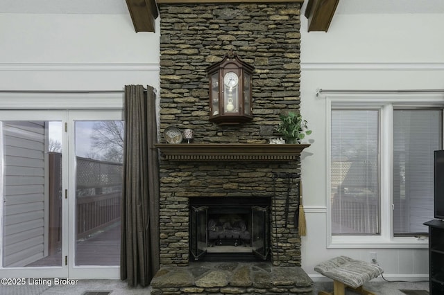 details featuring a stone fireplace