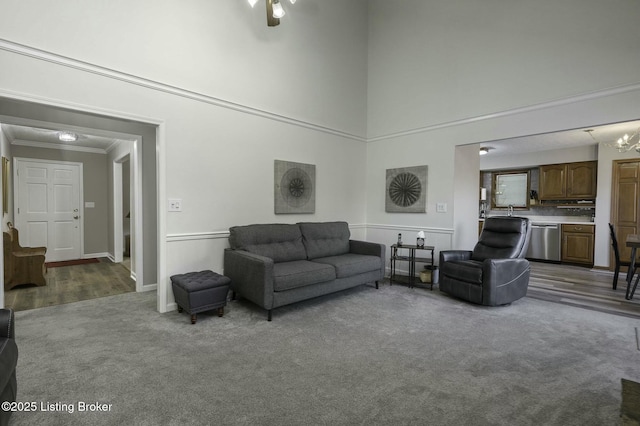 living room with carpet, ornamental molding, sink, and a high ceiling