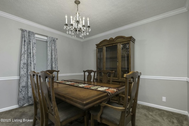 carpeted dining space with crown molding, a textured ceiling, and an inviting chandelier