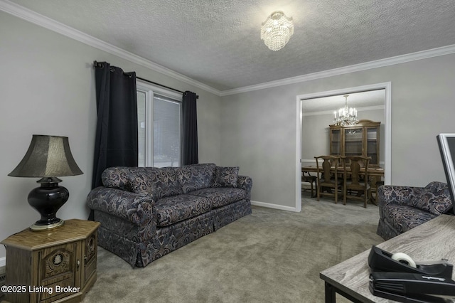 carpeted living room with ornamental molding, a textured ceiling, and an inviting chandelier