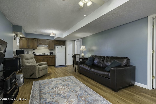 living room with ceiling fan, wood-type flooring, and a textured ceiling