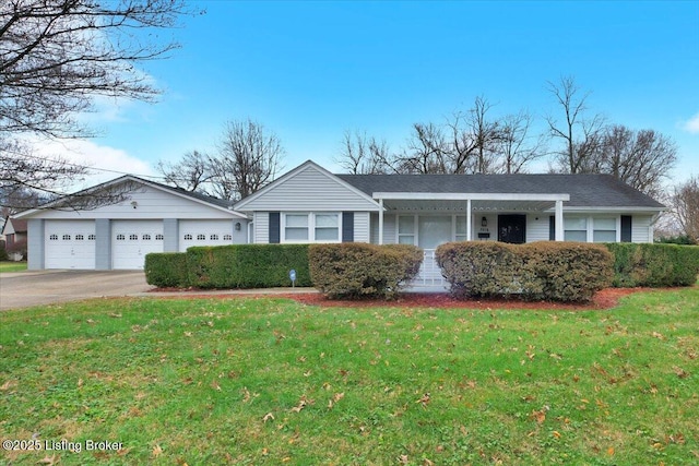 ranch-style home featuring a garage and a front yard