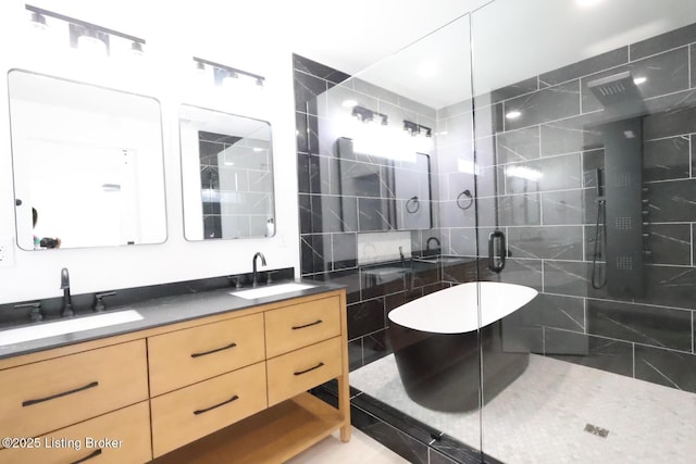 bathroom with separate shower and tub, tile patterned floors, and vanity