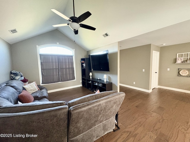 living room with ceiling fan, dark hardwood / wood-style flooring, and vaulted ceiling